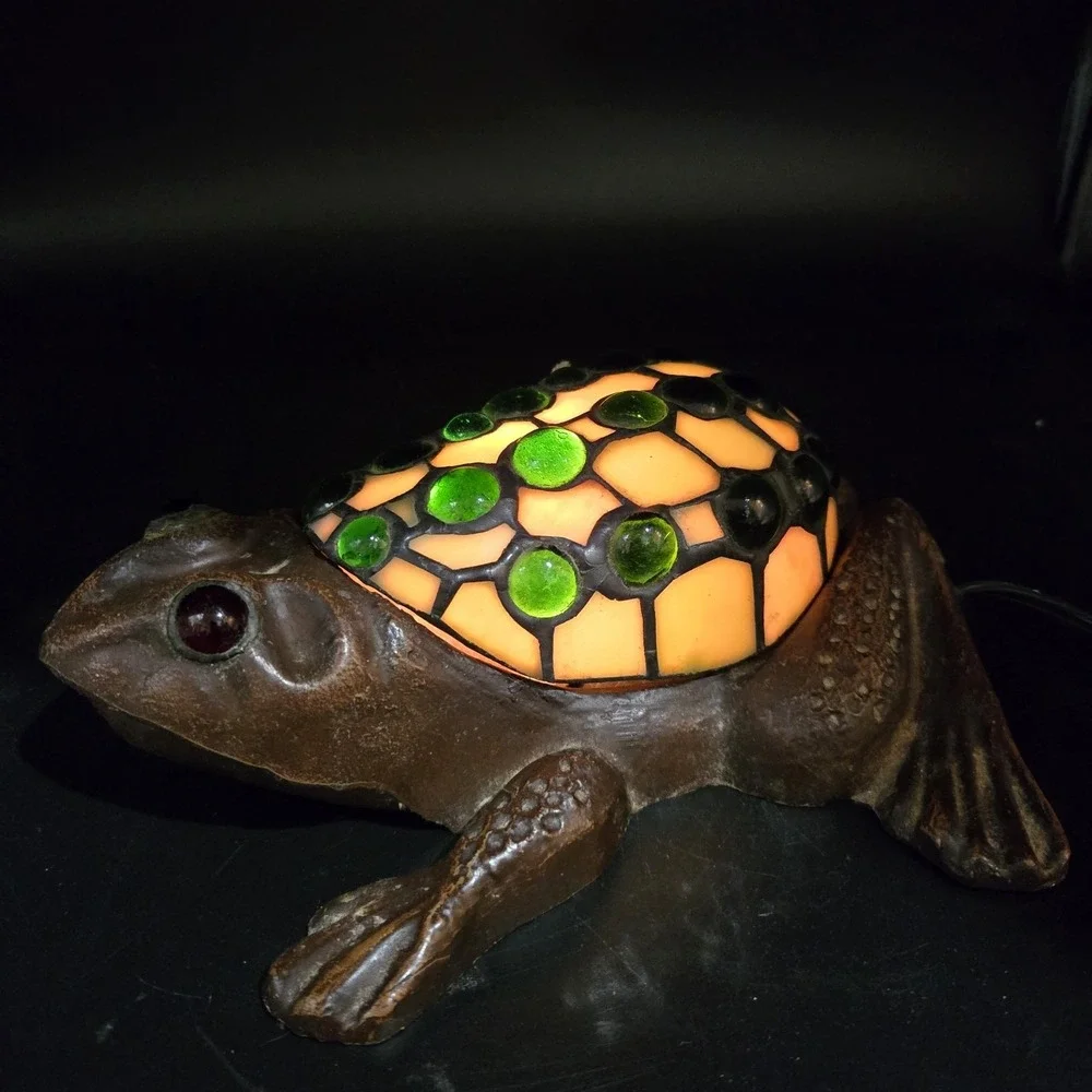 VTG Brass & Stained Glass Frog Toad Lamp Glass Jeweled Shell Night Light MCM EUC
